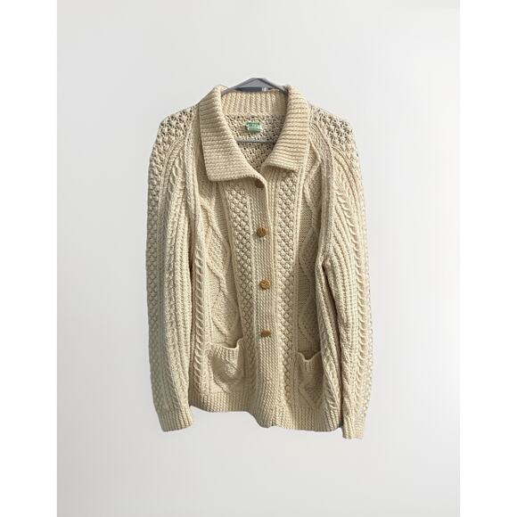 Vintage Keown Wool Fisherman Knit Button Cardigan Sweater Pockets Cream L/XL - Picture 1 of 5